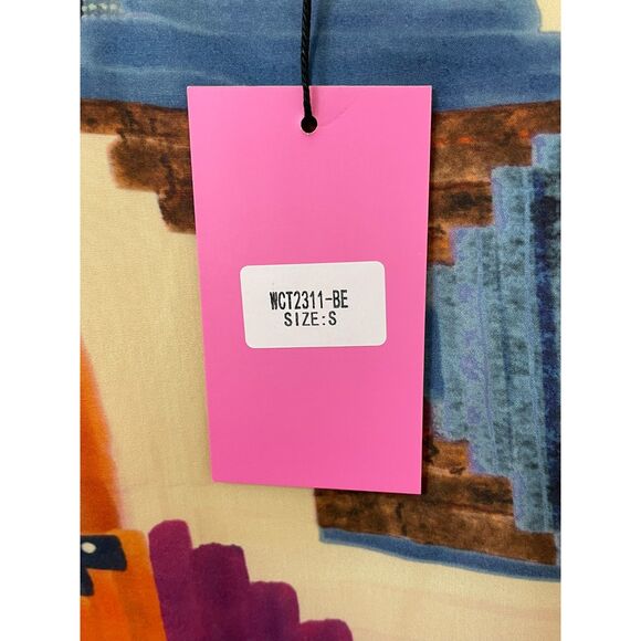 THML Women's Dress Fit & Flare S Tiered Mini Summer Beach Boho Geometric Brown - Picture 3 of 10